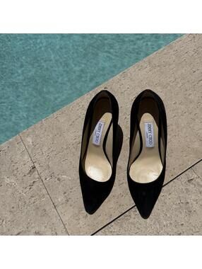 Jimmy Choo Romy 85MM Black Suede Pumps Wedding Guest Vacation Size 38